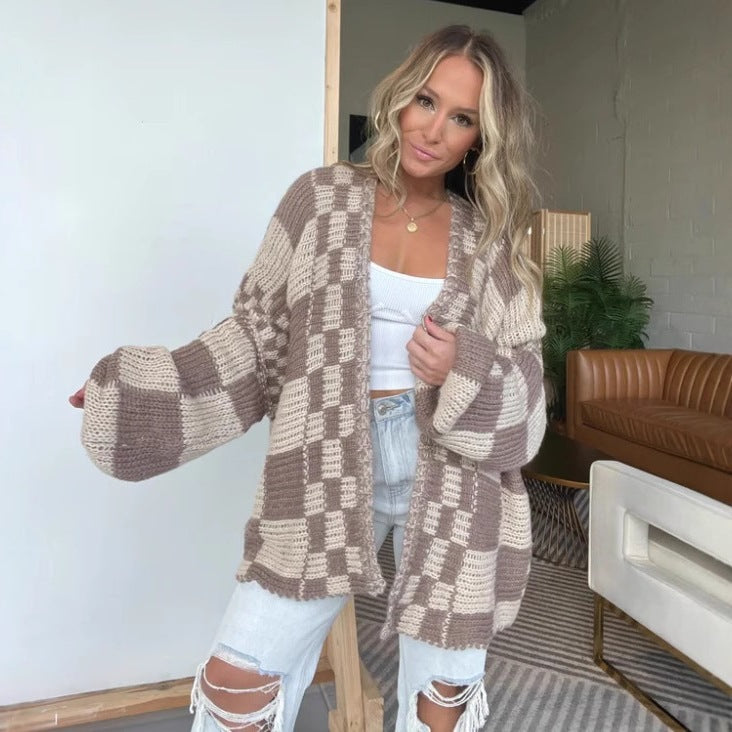 Damen Übergroße Karomuster-Strickjacke mit Taschen Stalluxe