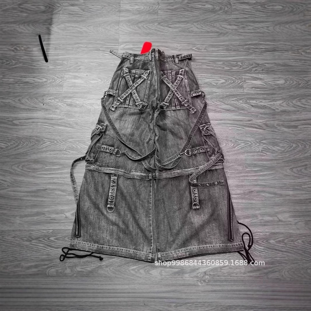Damen auffällige Denim Latzhose mit abnehmbaren Trägern und vielen Taschen Stalluxe