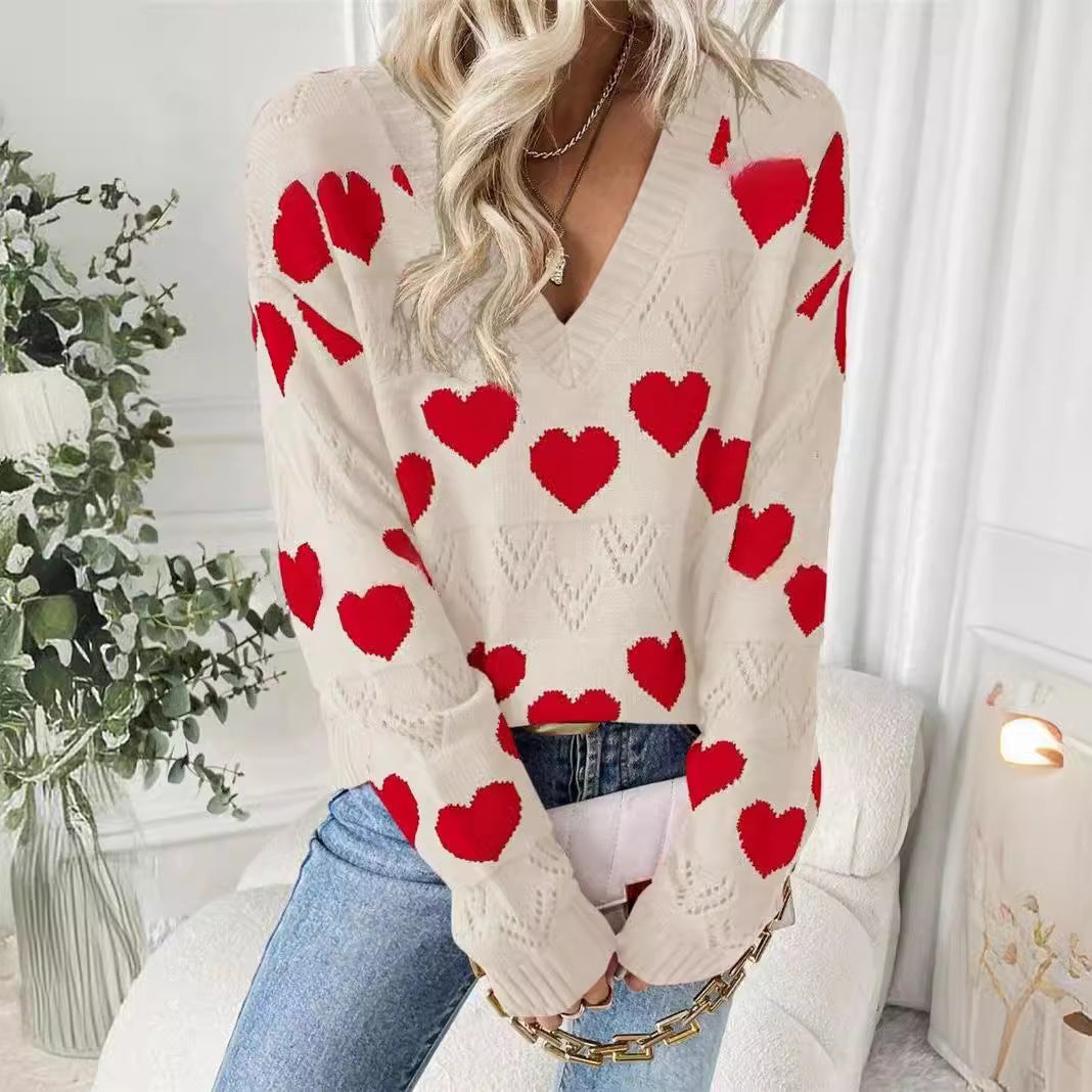 Damen kuscheliger Pullover mit herzförmigem Muster und V-Ausschnitt Stalluxe
