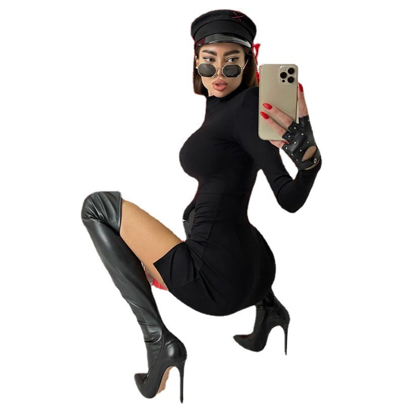 Damen Elegantes Minikleid mit hochgeschlossenem Ausschnitt und asymmetrischem Schlitz Stalluxe