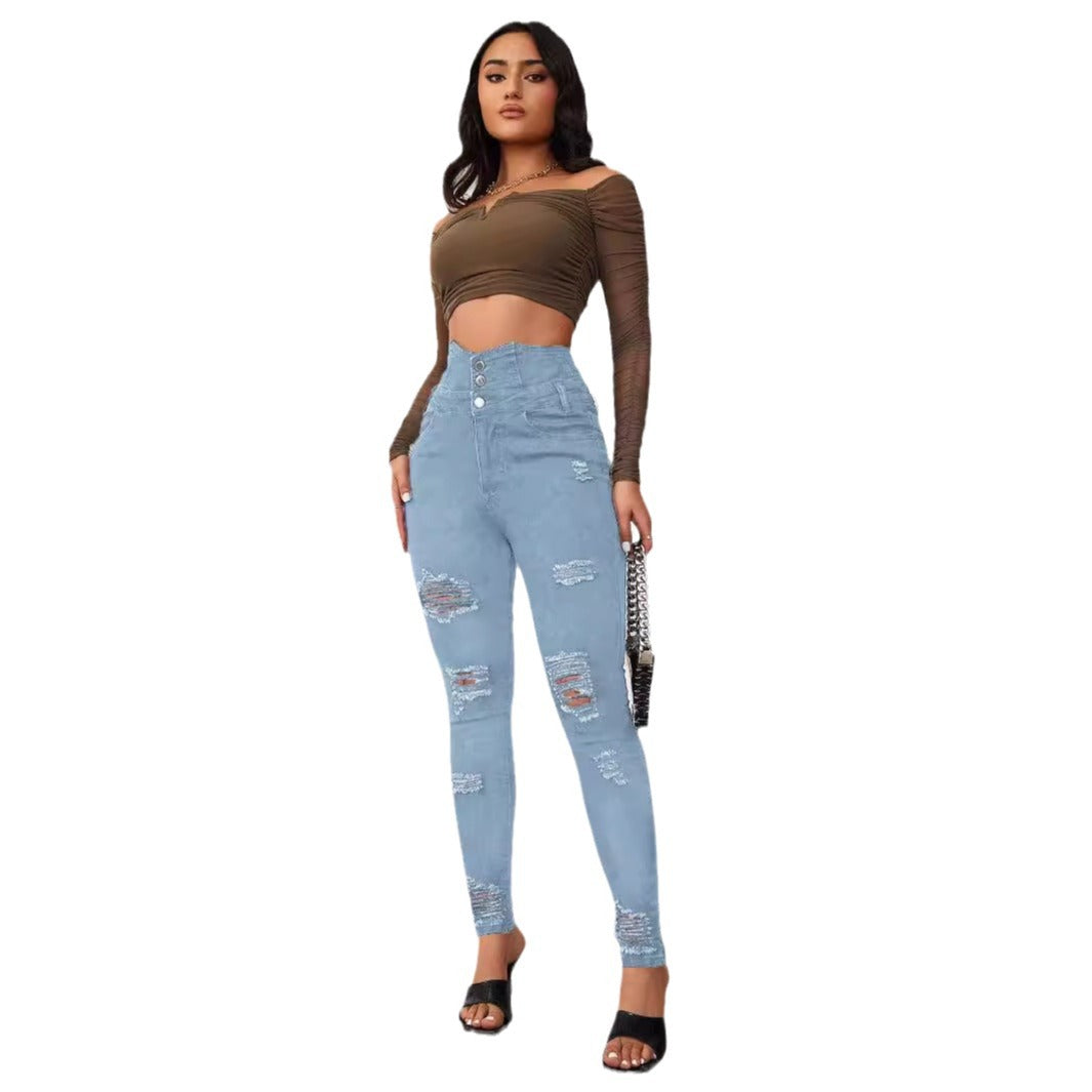 Damen High-Waist Jeans mit modischen Riss- und Knopfdetails Stalluxe