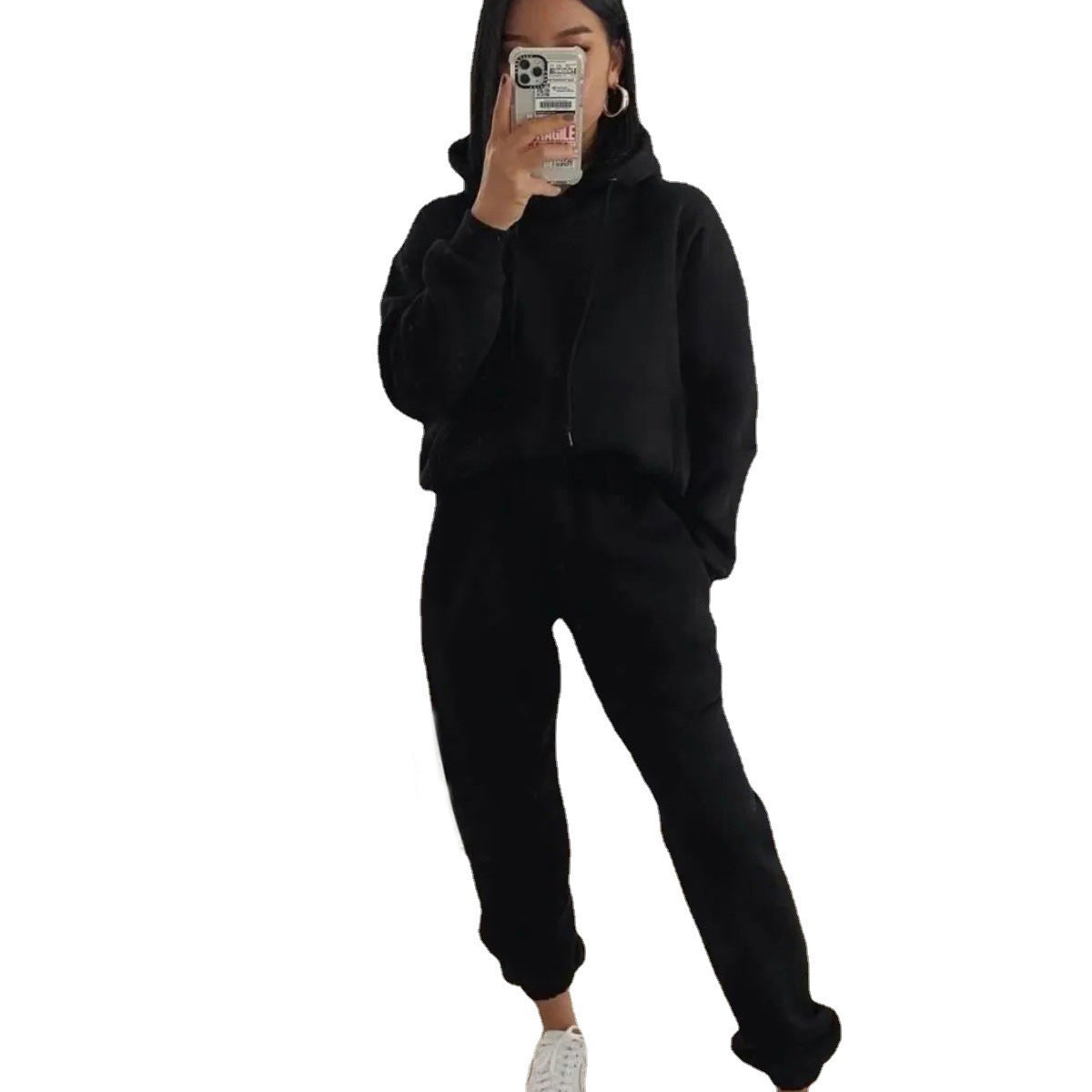 Damen lässiger Fleece-Sweatsuit mit cropped Hoodie und elastischer Hose Stalluxe
