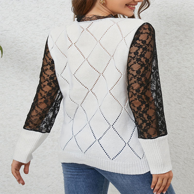 Damen Strickpullover mit eleganten Spitzenärmeln und rautenförmigem Muster Stalluxe