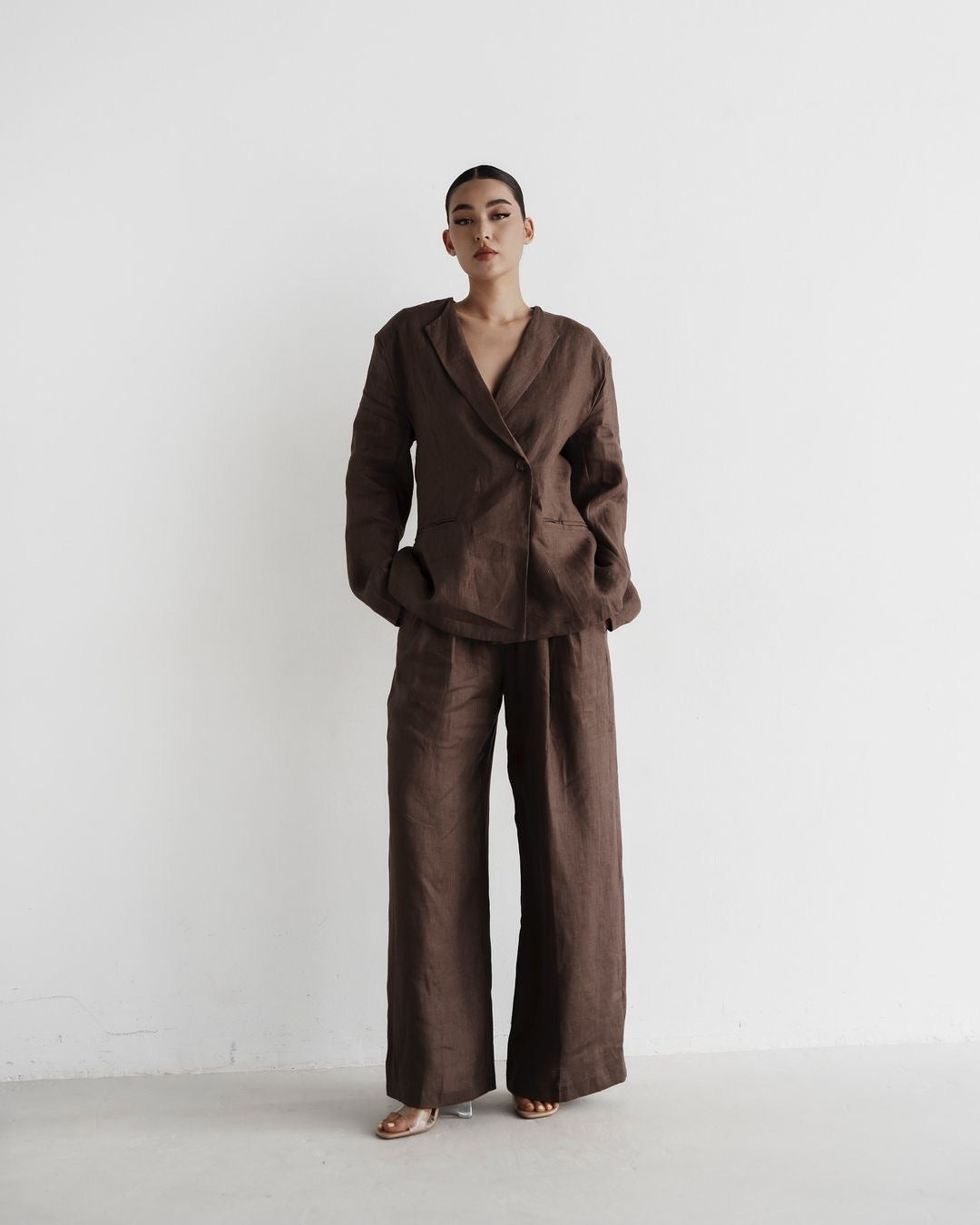 Damen elegantes Leinenanzug-Set mit langärmliger Jacke und weitem Schnitt Stalluxe