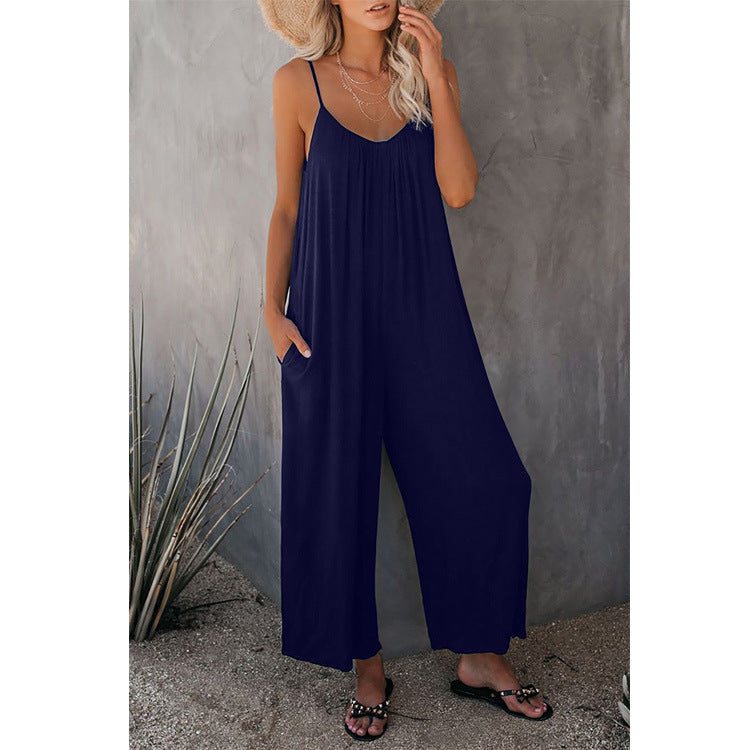 Damen Lässiger Sommer-Jumpsuit mit tiefem Ausschnitt und praktischen Taschen Stalluxe