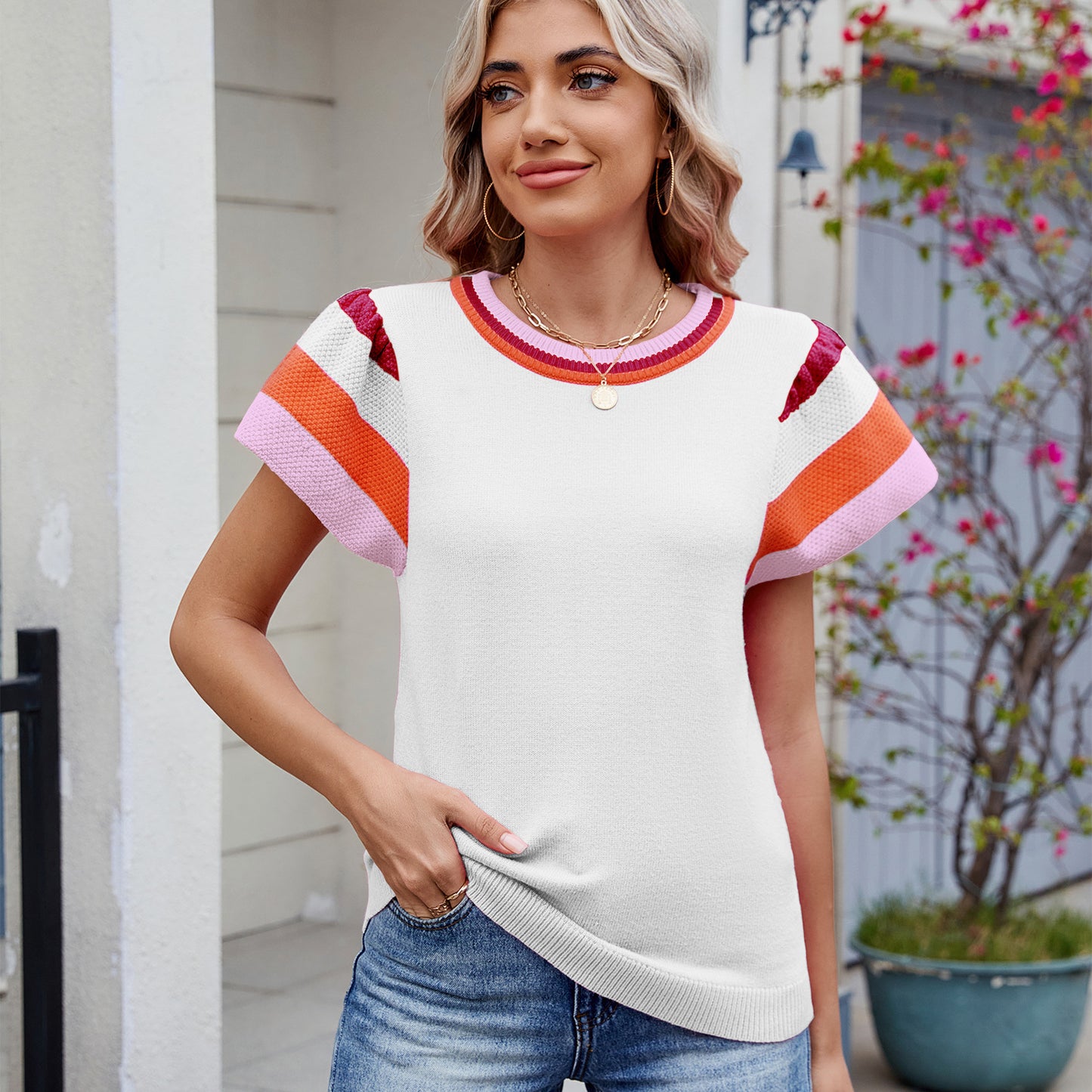Damen Stricktop mit bunten Volantärmeln und modernem Farbverlauf Stalluxe