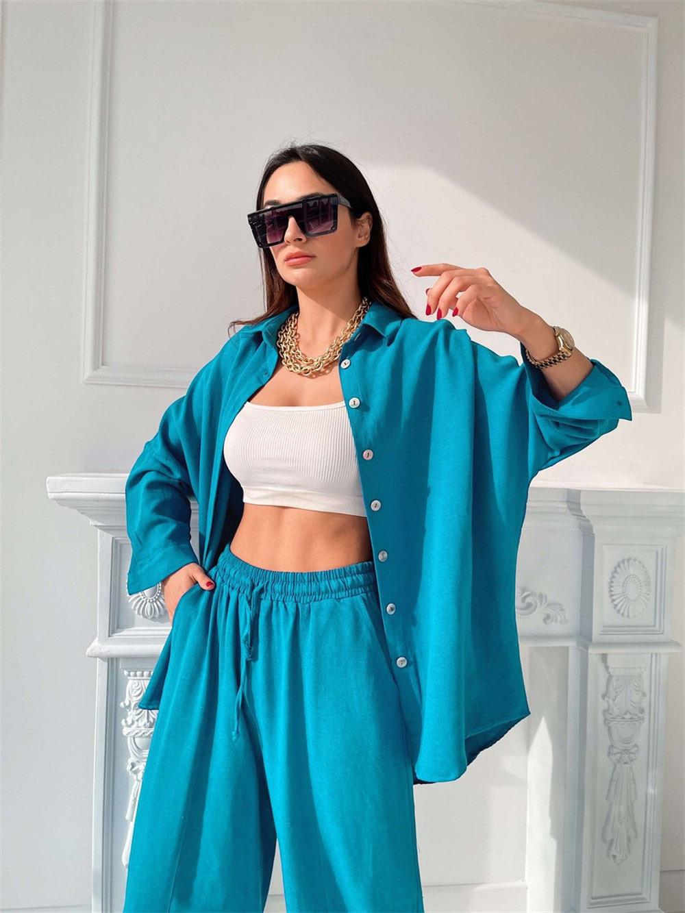 Damen Lässiger Zweiteiler aus leichtem Mischgewebe mit weiter Bluse und bequemen Hose Stalluxe