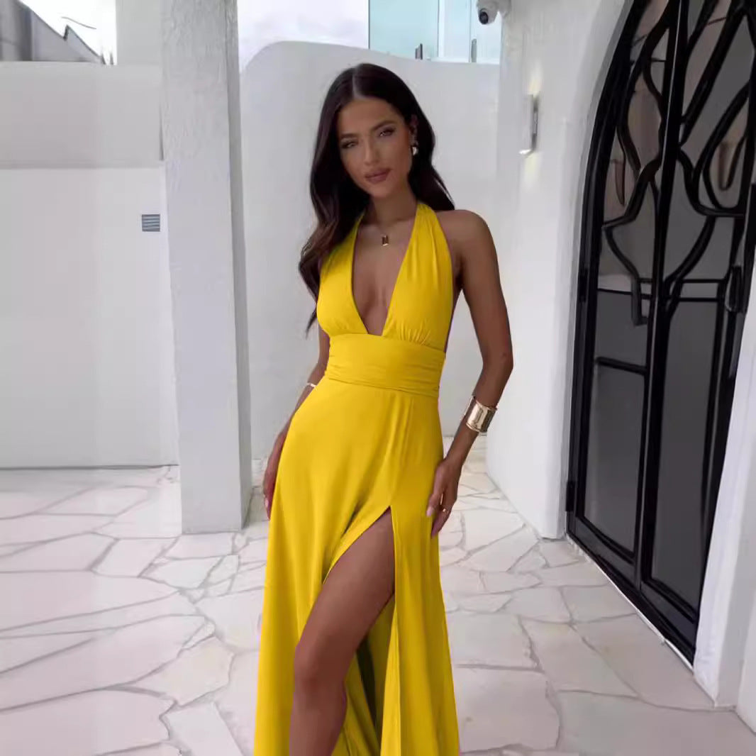 Damen Abendkleid mit tiefem V-Ausschnitt und seitlichem Schlitz Stalluxe