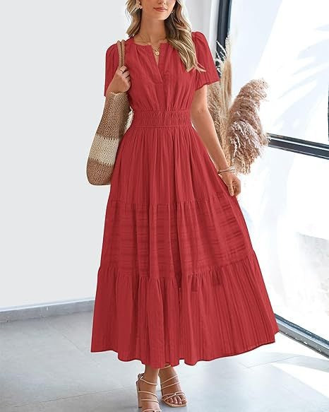 Damen Maxikleid mit modischem V-Ausschnitt und luftigen Rüschen Stalluxe