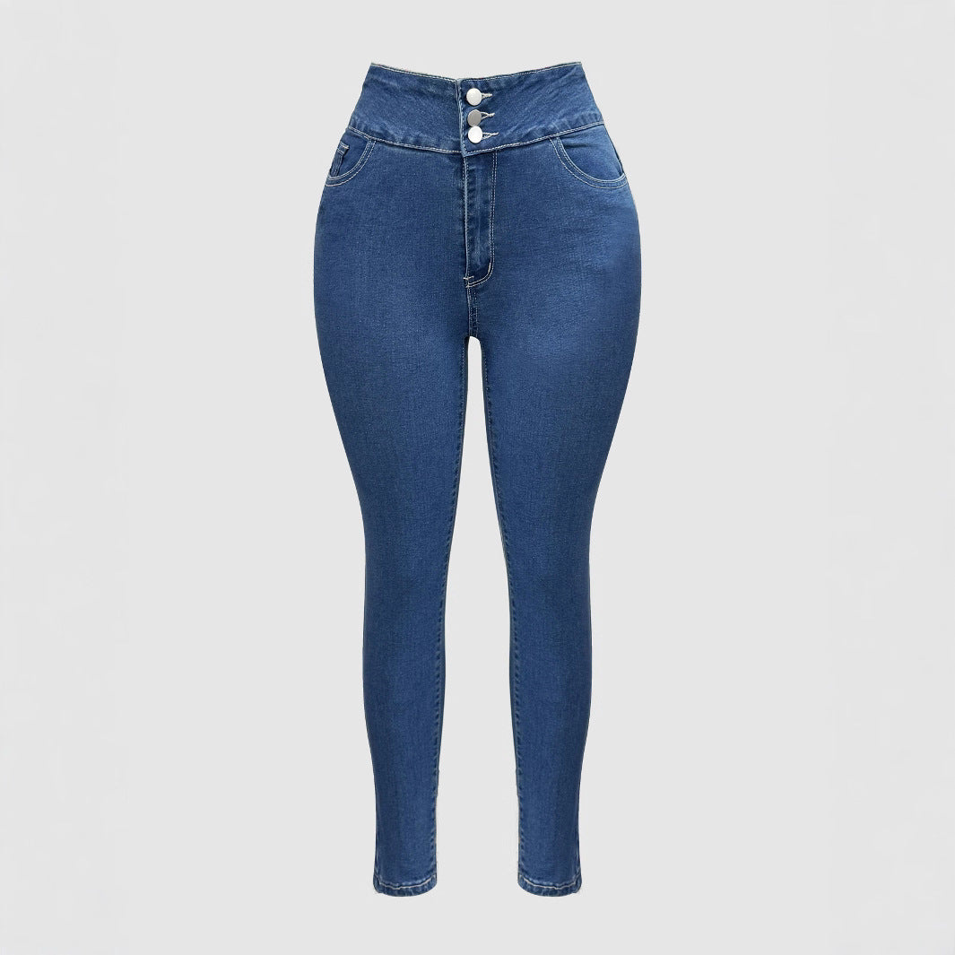 Damen Hochgeschnittene Skinny Jeans mit modischen Knopfdetails Stalluxe