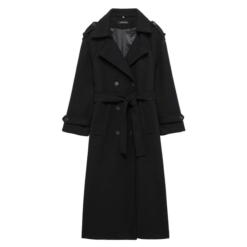 Damen Eleganter Wolltrenchcoat mit doppelter Knopfleiste und Taillengürtel Stalluxe