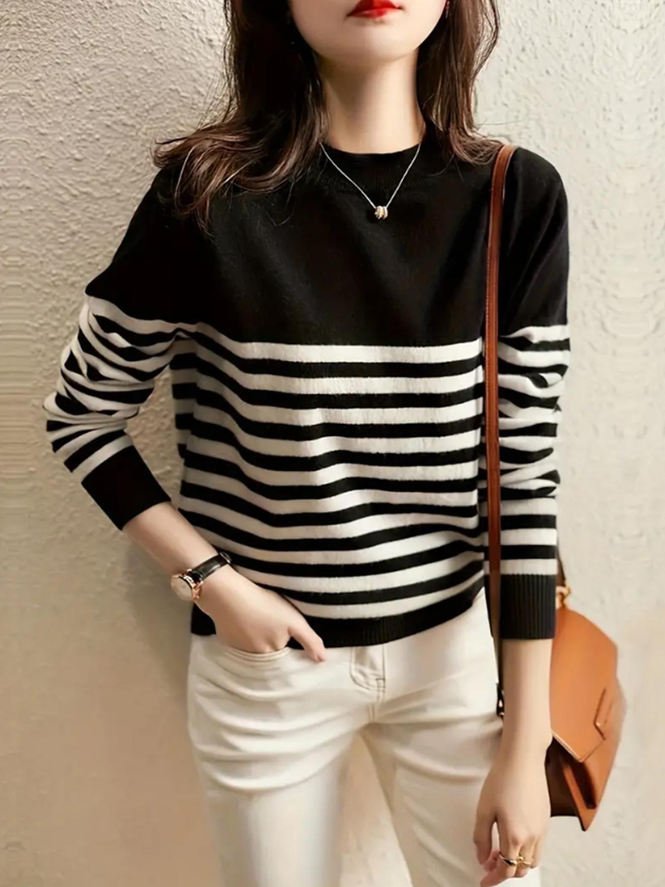 Damen Feinstrickpullover mit maritimem Streifenmuster und Rundhalsausschnitt Stalluxe