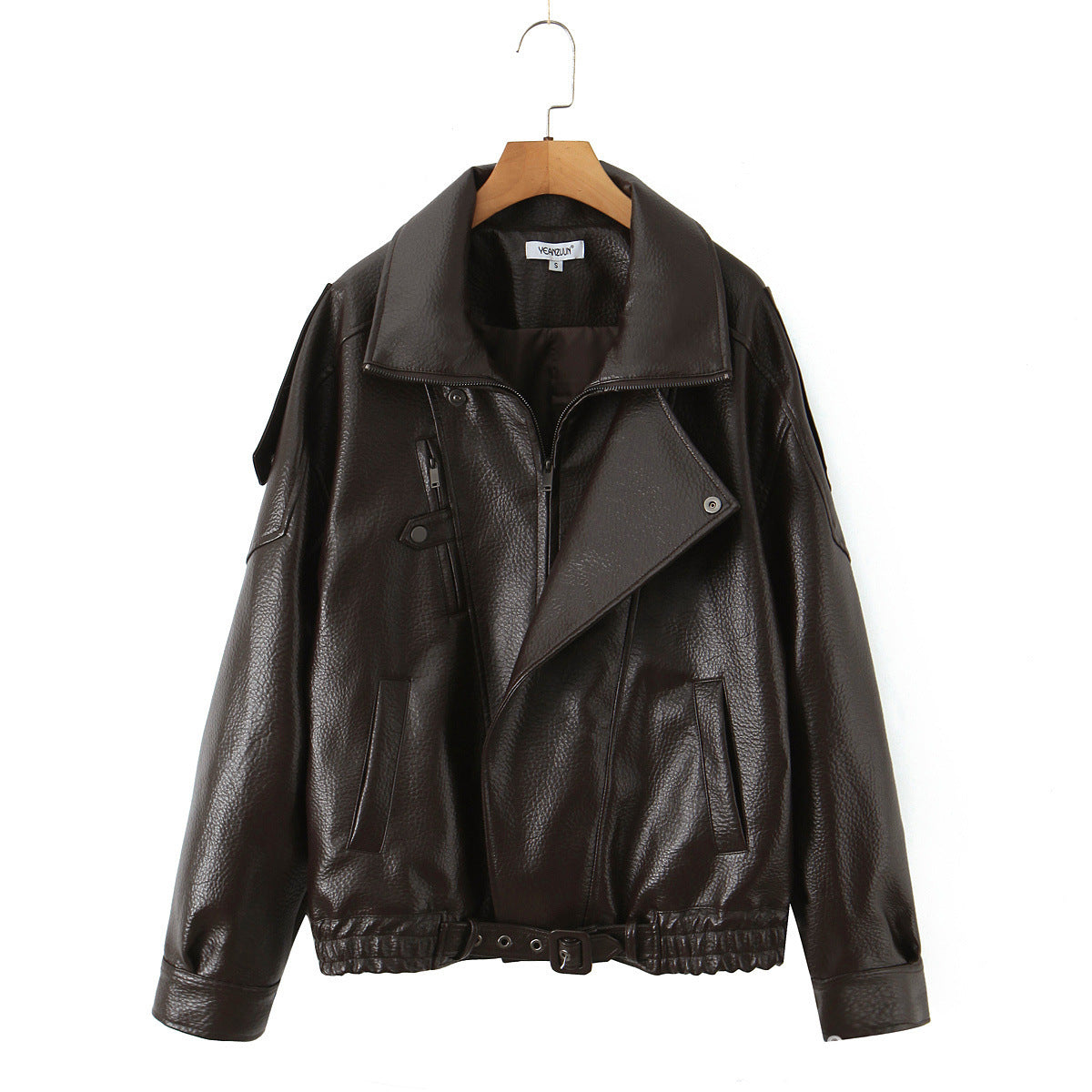 Damen Modische Kunstlederjacke mit erotischem Revers und elastischem Saum Stalluxe