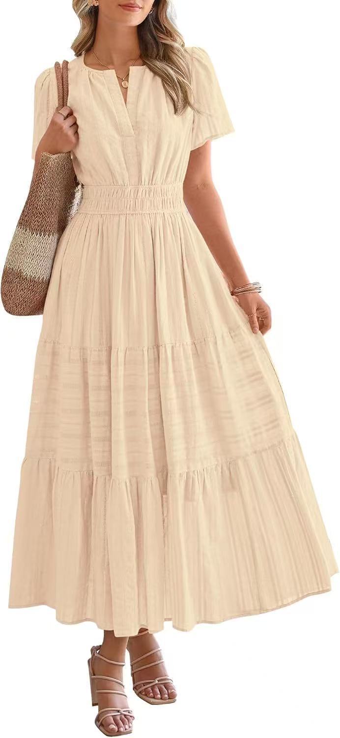 Damen Maxikleid mit modischem V-Ausschnitt und luftigen Rüschen Stalluxe