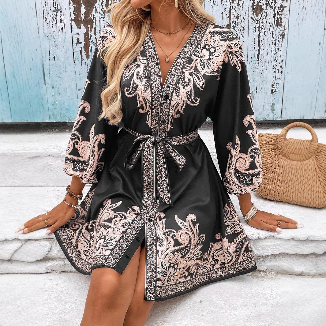 Damen Elegantes Boho-Kleid mit verspieltem Muster und Rüschendetails Stalluxe