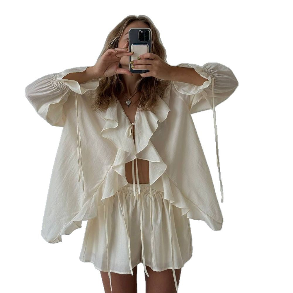 Damen trendige Rüschenbluse mit lässigem Schnitt und Shorts Stalluxe