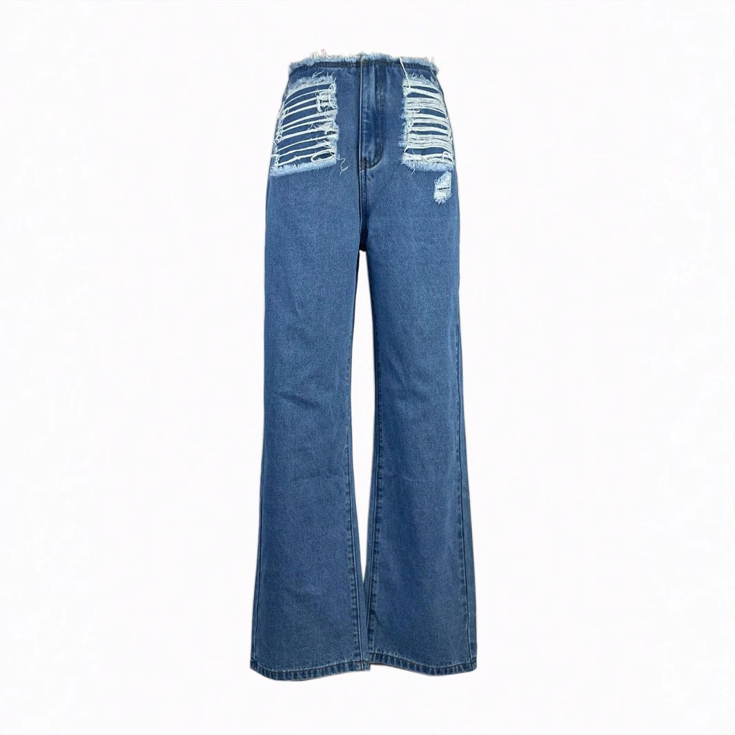 Damen Exklusive High-Waist Jeans mit Distressed-Details und weitem Bein Stalluxe