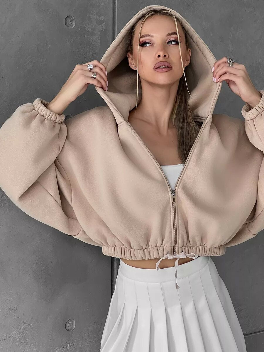 Damen cropped Fleece-Hoodie mit Kordelzug und weiten Ärmeln Stalluxe