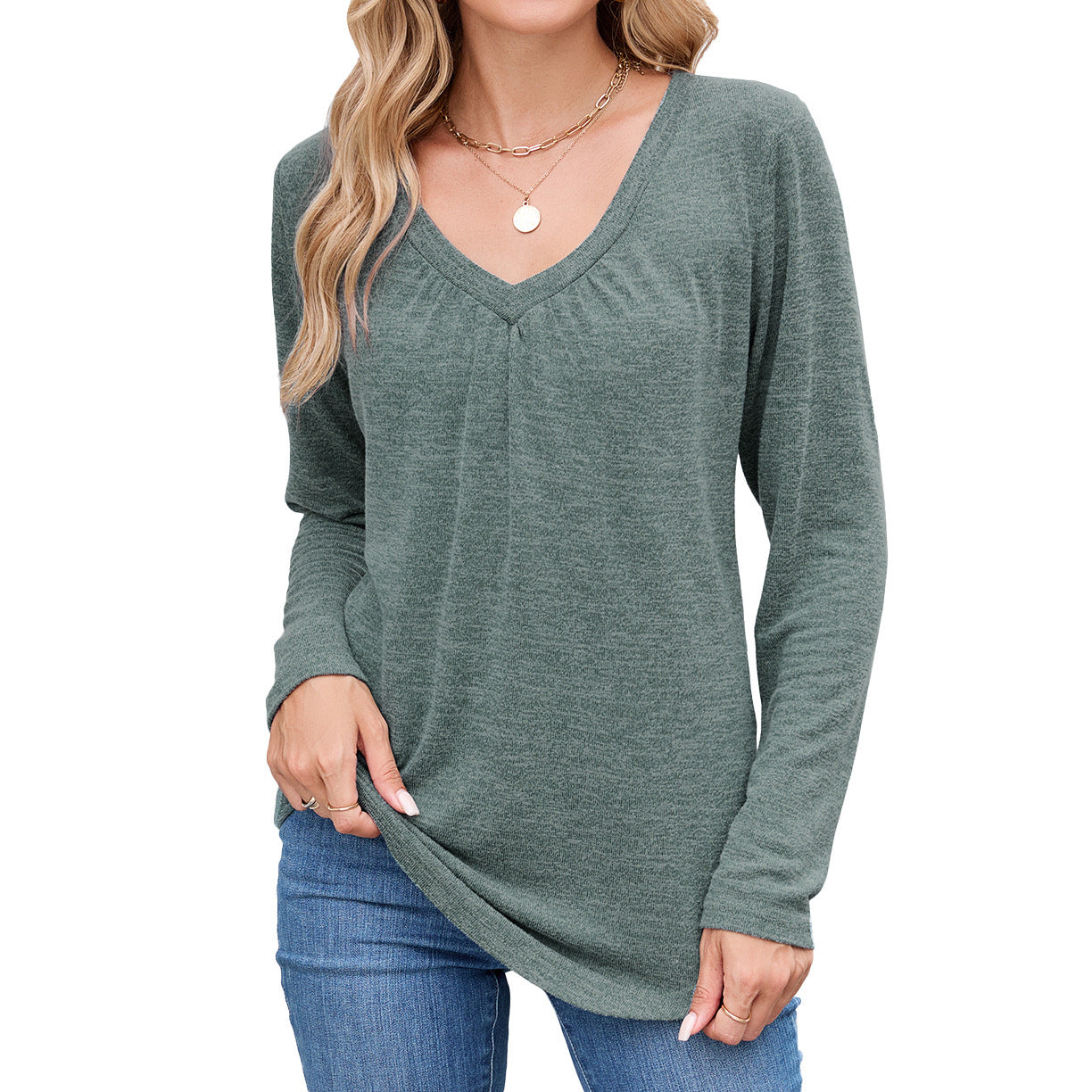 Damen lässiges Langarmshirt mit V-Ausschnitt und Falten Detail Stalluxe