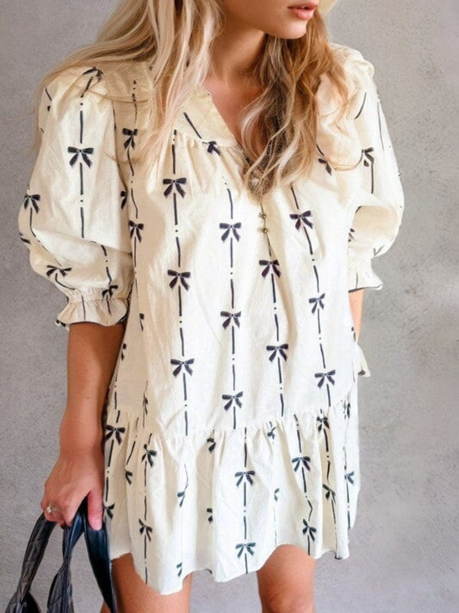 Damen luftiges Freizeitkleid mit Rüschen und zartem Schleifenprint Stalluxe