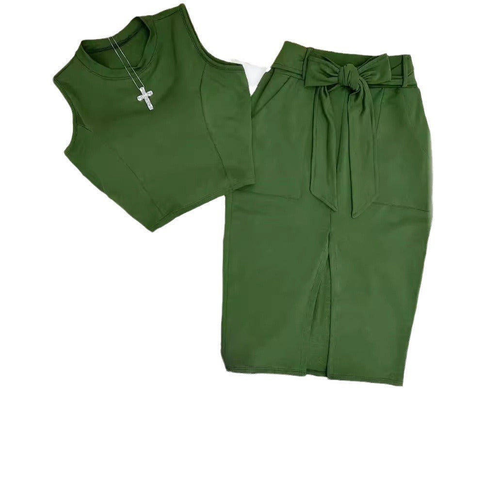 Damen Set aus tailliertem Crop-Top und Hochbund-Rock mit Gürtel Stalluxe