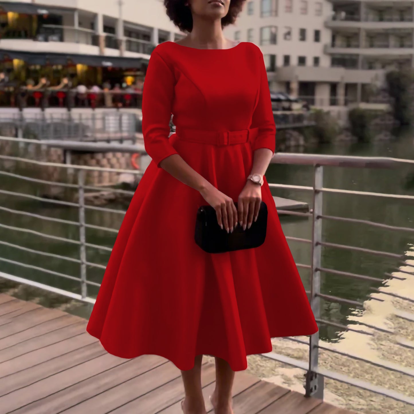 Damen Elegantes A-Linien Kleid mit Gürtel und ¾-Ärmeln Stalluxe
