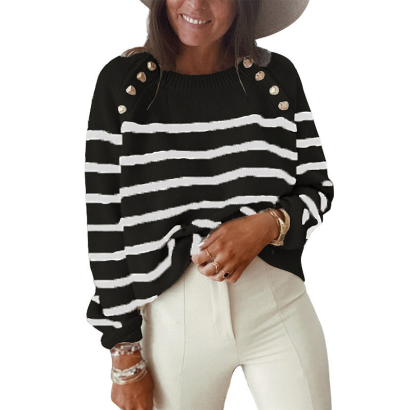 Damen Strickpullover mit stilvollem Streifenmuster und Goldknöpfen Stalluxe
