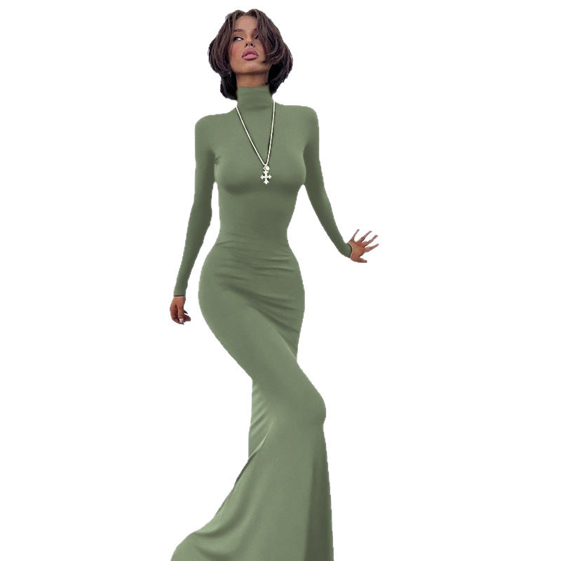 Damen Langarm-Maxikleid mit figurbetontem Schnitt und hohem Kragen Stalluxe