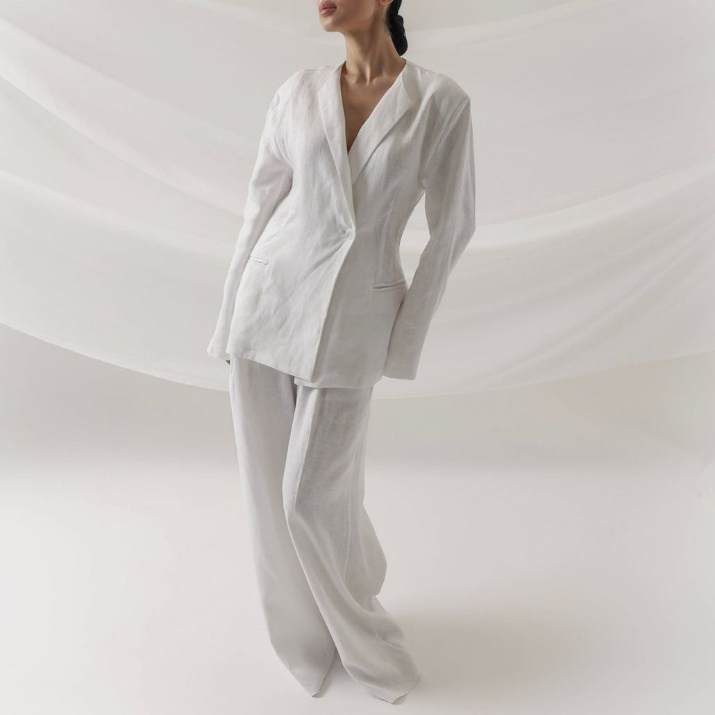 Damen elegantes Leinenanzug-Set mit langärmliger Jacke und weitem Schnitt Stalluxe