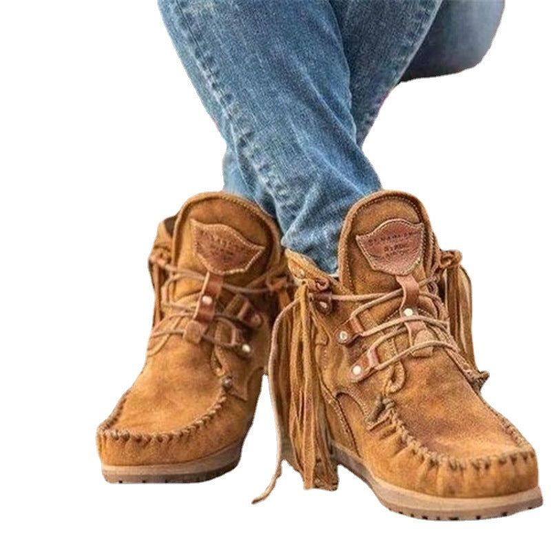Damen Mokassinstiefel mit modischen Fransen und eleganten Schnürungen Stalluxe