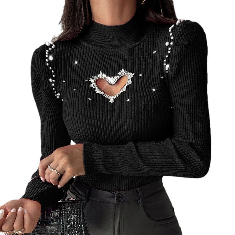 Damen Strickpullover mit glitzernden Herz-Ausschnitt und Dekorelementen Stalluxe