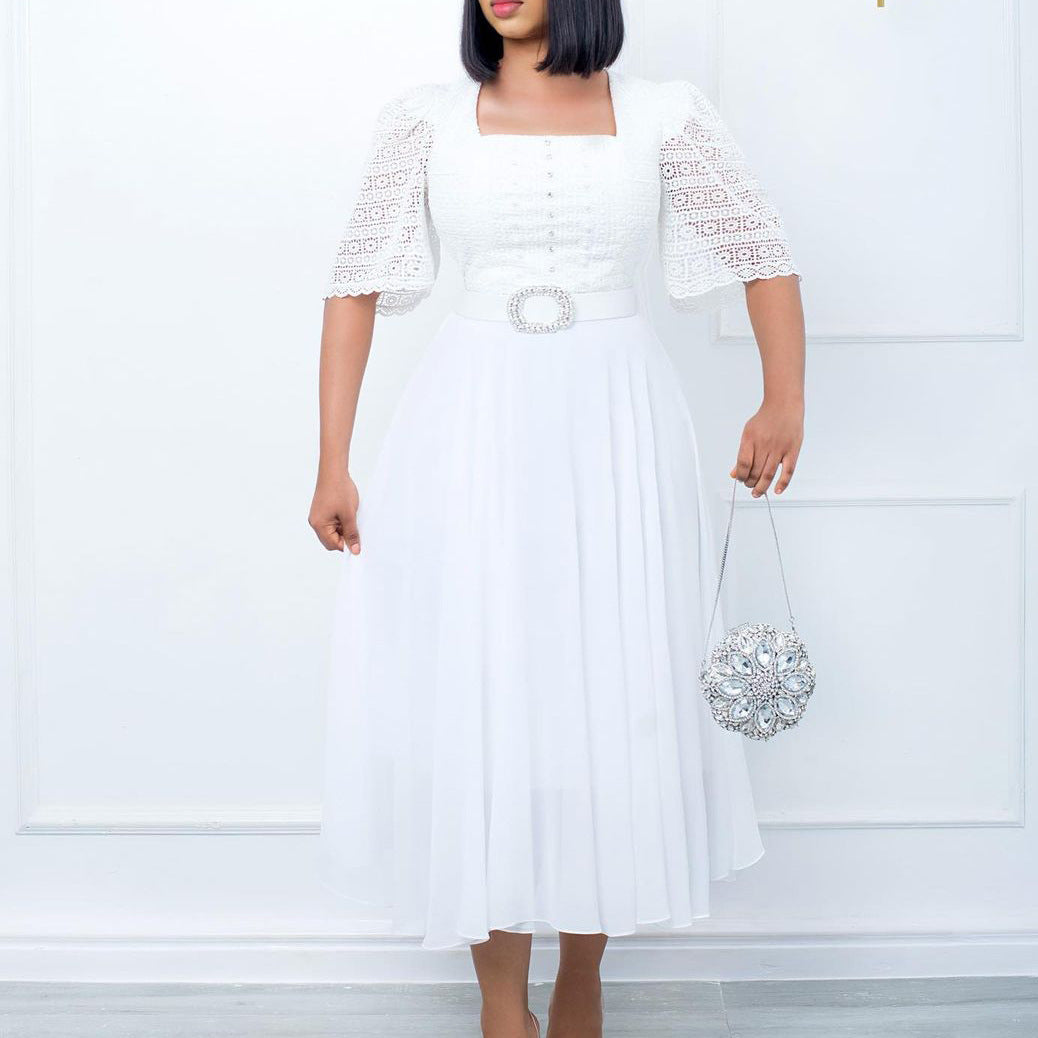 Damen Maxikleid mit Rüschenärmeln und dekorativem Taillengürtel Stalluxe