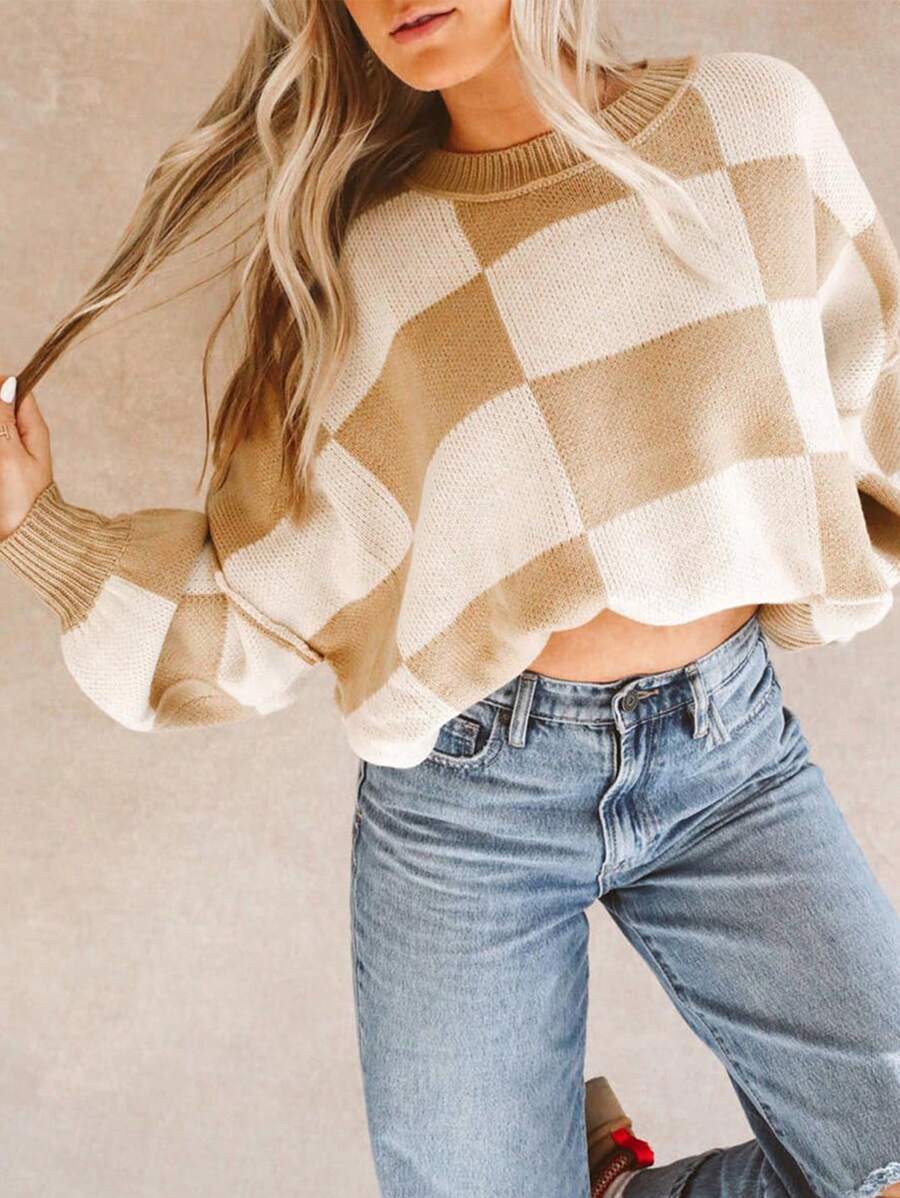 Damen lässiger pullover mit Karo-Muster und weiten Ärmeln Stalluxe