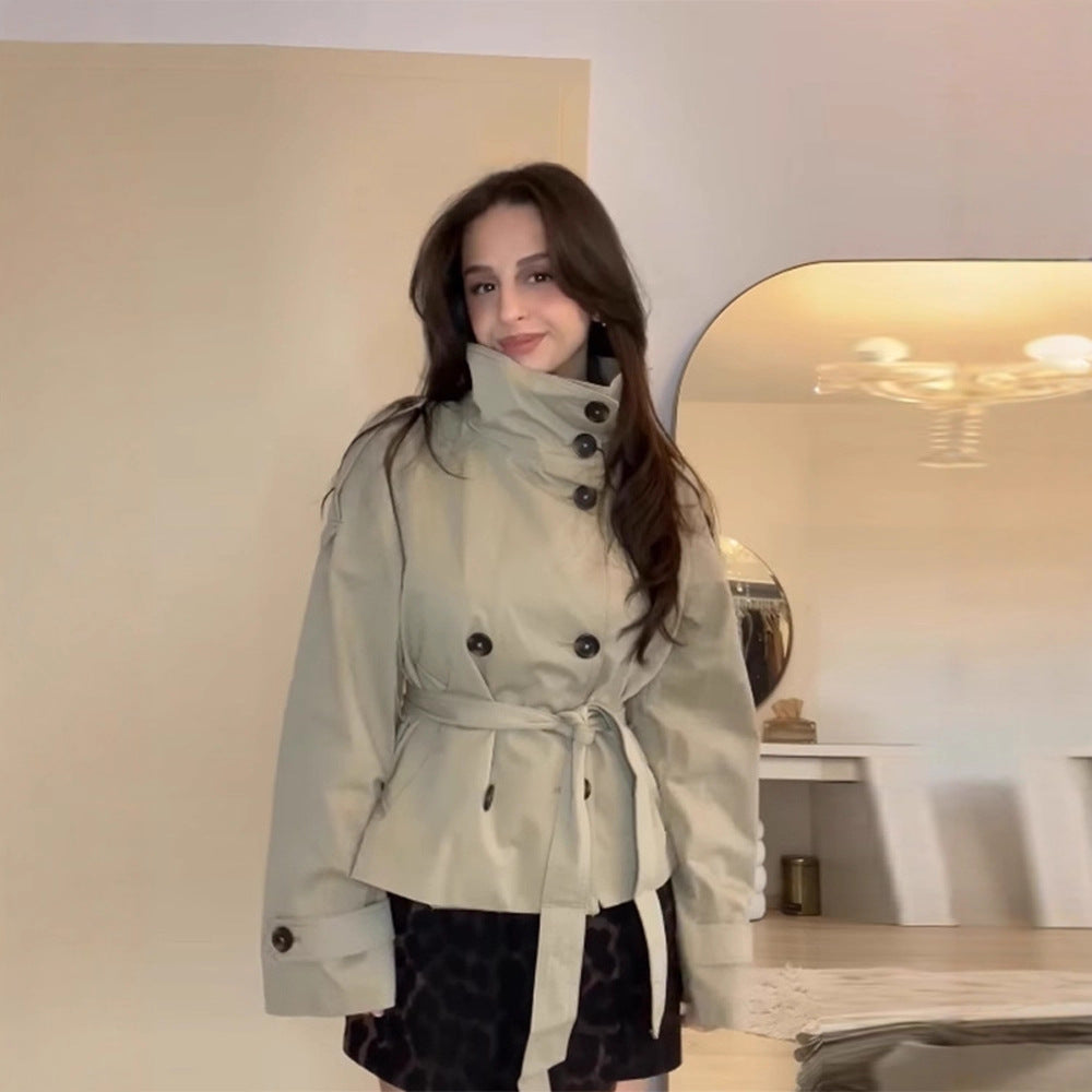 Damen Modische Trenchjacke mit hohen Kragen und Wickelgürtel Stalluxe