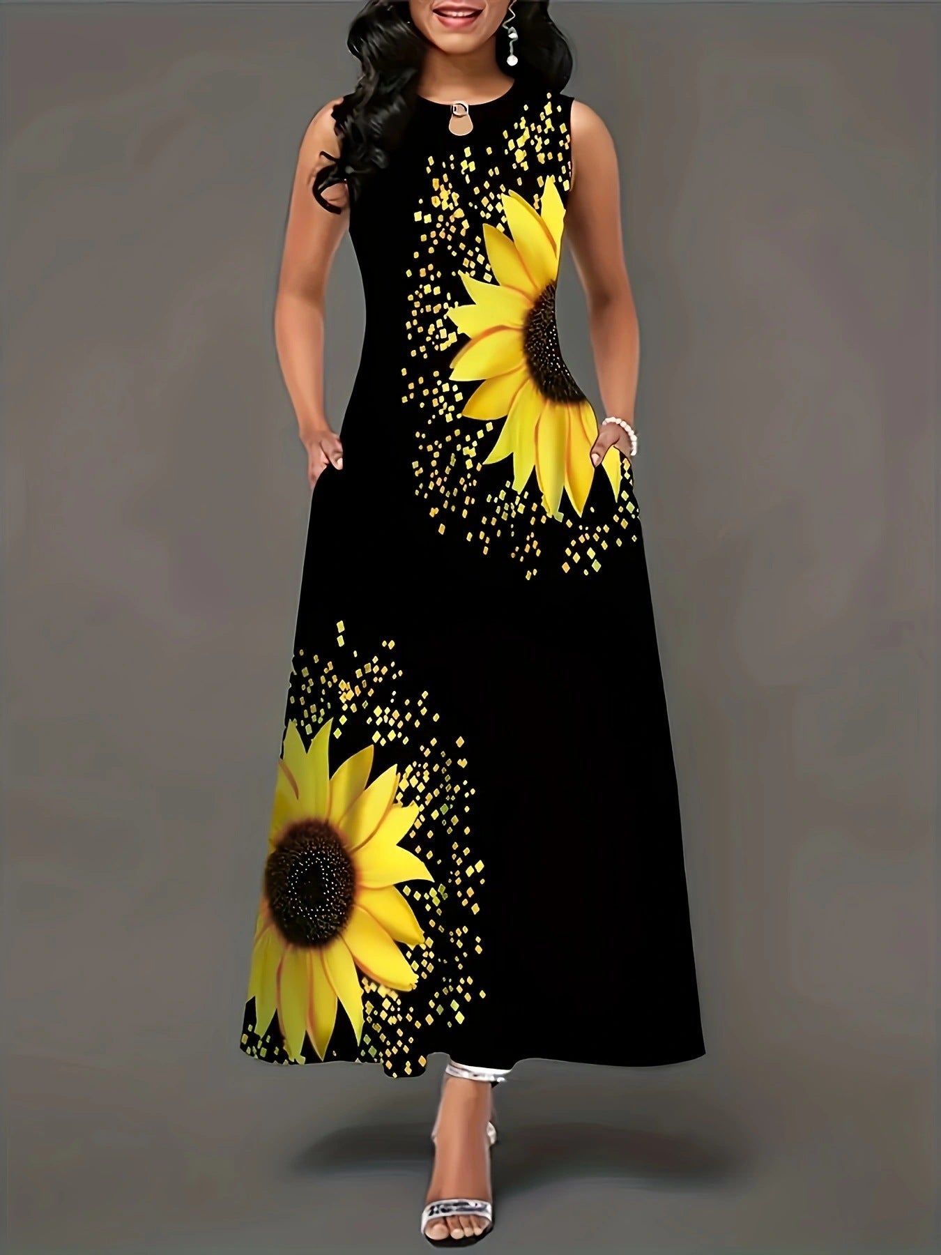 Damen Maxikleid mit buntem Sonnenblumenmotiv und praktischen Taschen Stalluxe