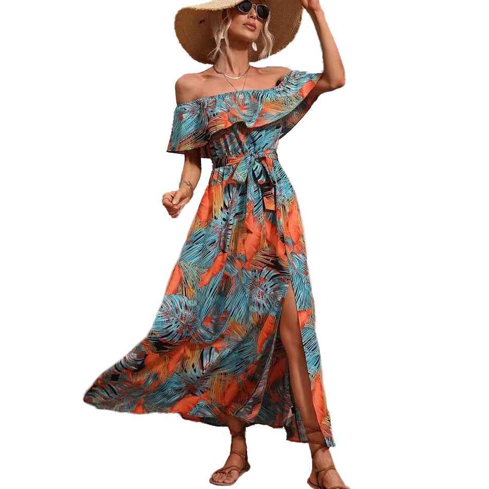 Damen Off-Shoulder Maxikleid mit floralem Design und seitlichem Schlitz Stalluxe