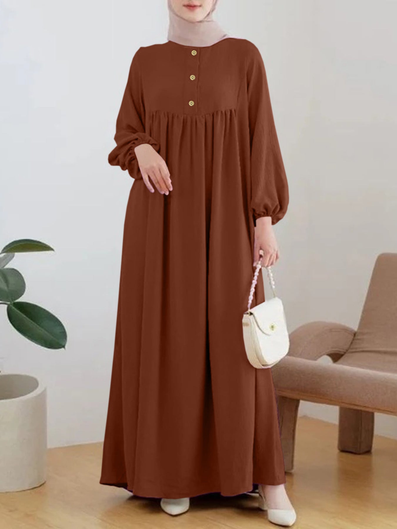 Damen luftiges Maxikleid mit bequemer Knopfleiste und eleganten Puffärmeln Stalluxe