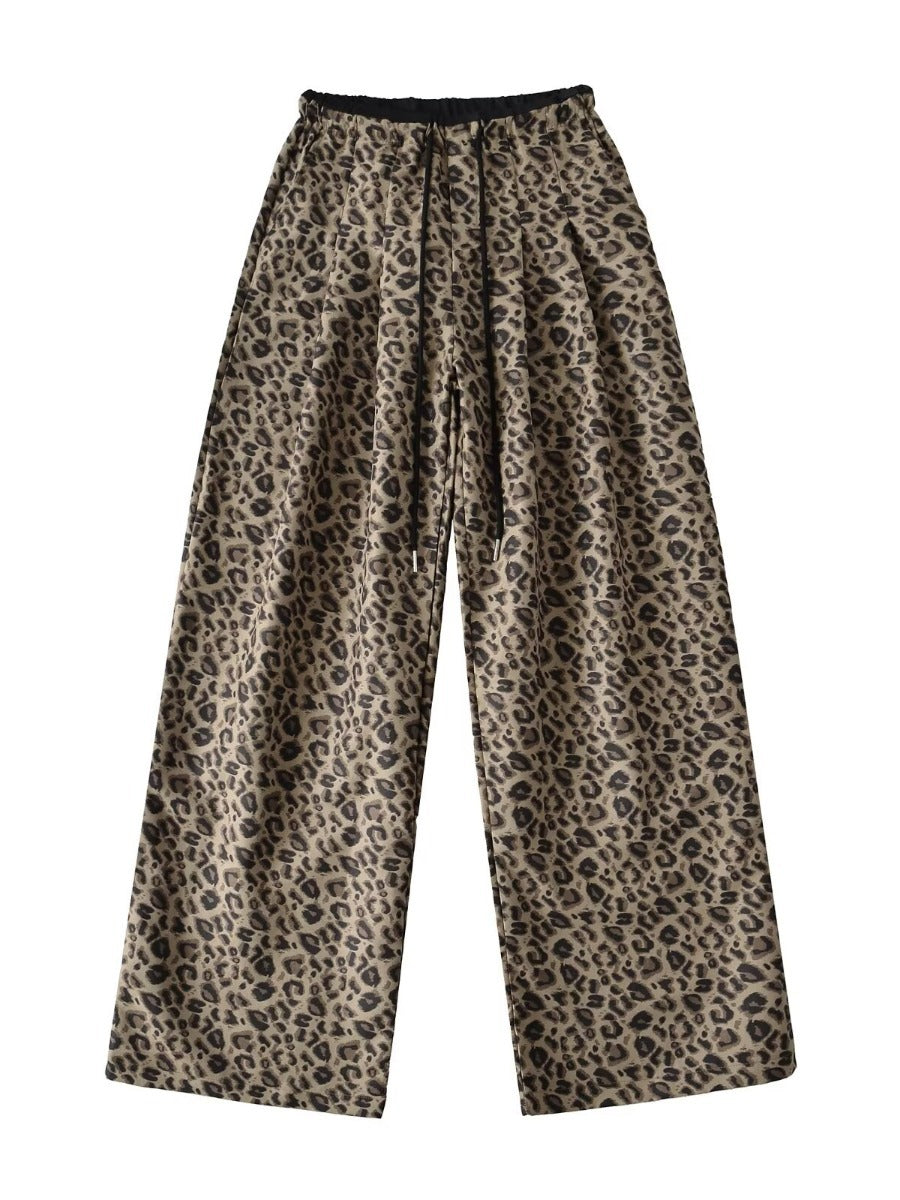 Damen Trendige weite Leoparden-Hose mit elastischem Bund und Bindegürtel Stalluxe