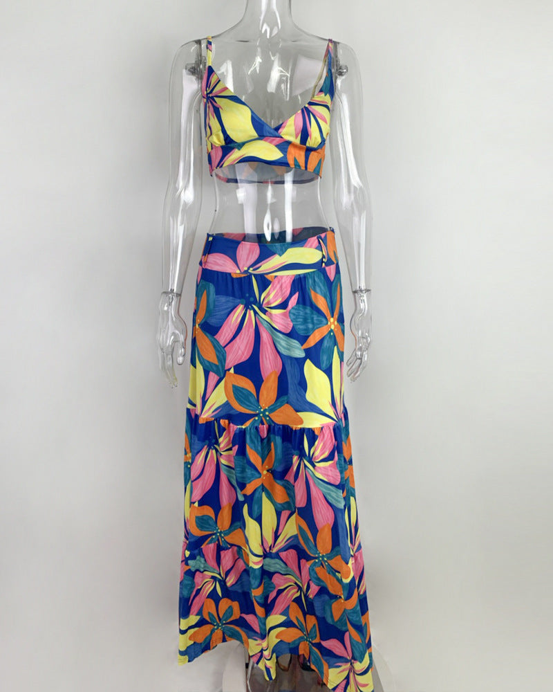 Damen Maxi-Rock mit kurzem Oberteil und buntem Blumenmuster Stalluxe