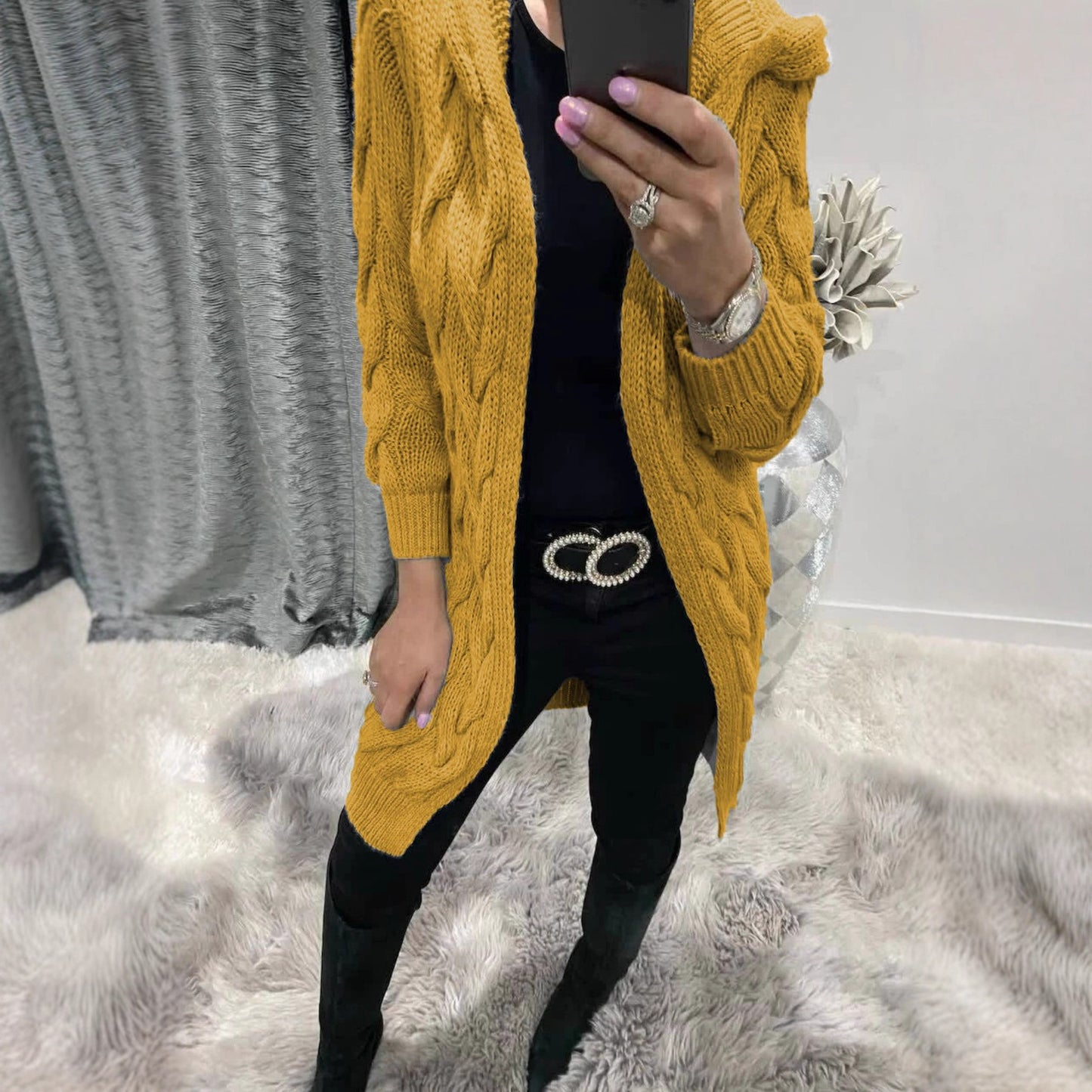 Damen Grobstrick-Cardigan mit Kapuze und Zopfmuster Stalluxe