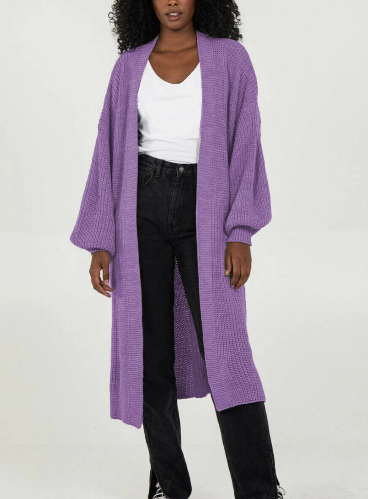 Damen Langer Strickcardigan mit voluminösen Ärmeln und offenem Schnitt Stalluxe