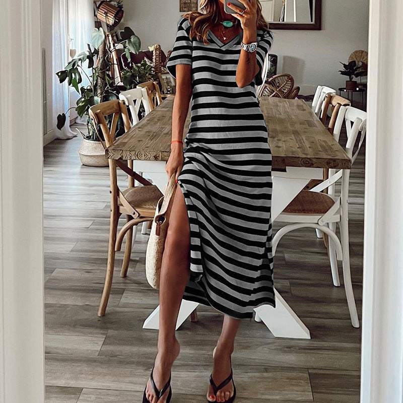 Damen Maxikleid mit tiefem Seitenschlitz und modischem Streifenmuster Stalluxe