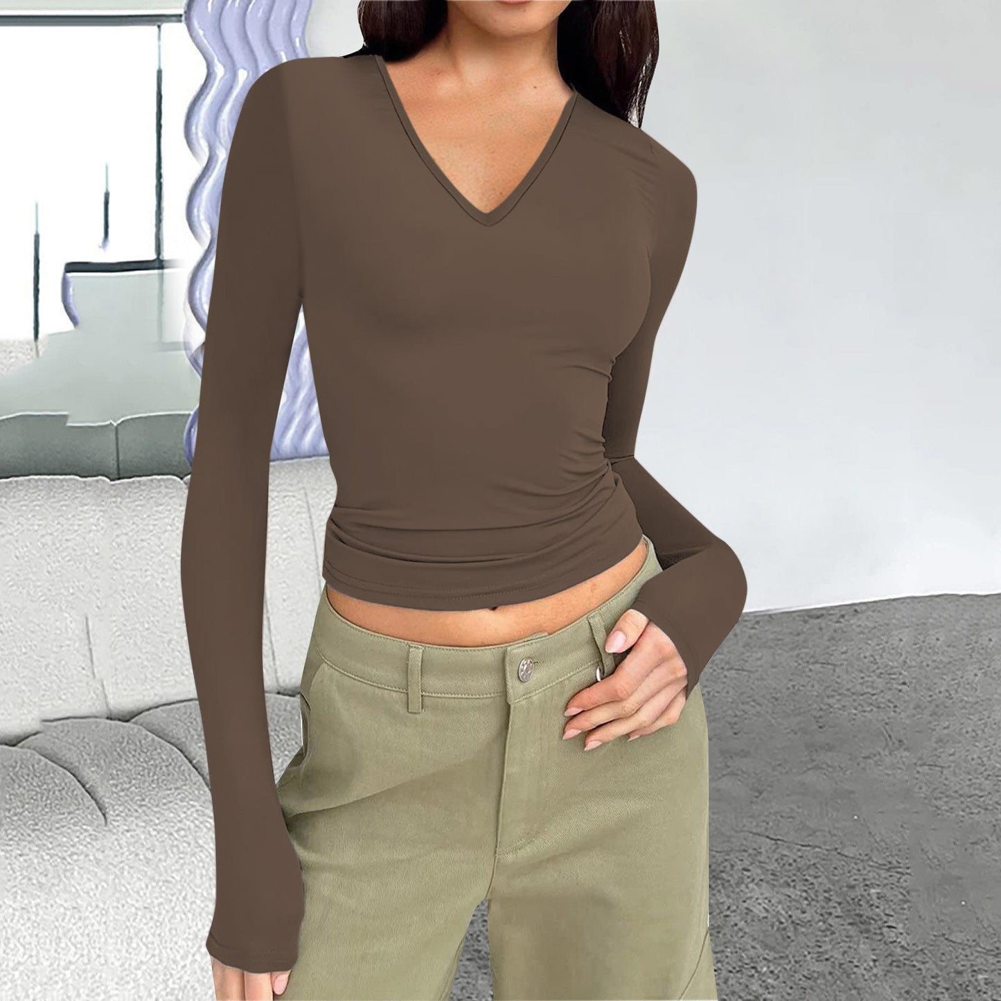 Damen Langarmshirt mit V-Ausschnitt und figurbetonendem Schnitt Stalluxe