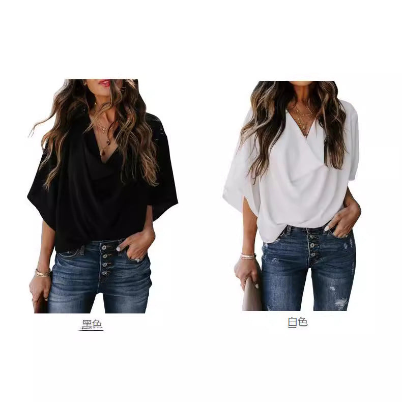 Damen elegante Bluse mit drapiertem V-Ausschnitt und weit geschnittenen Ärmeln Stalluxe