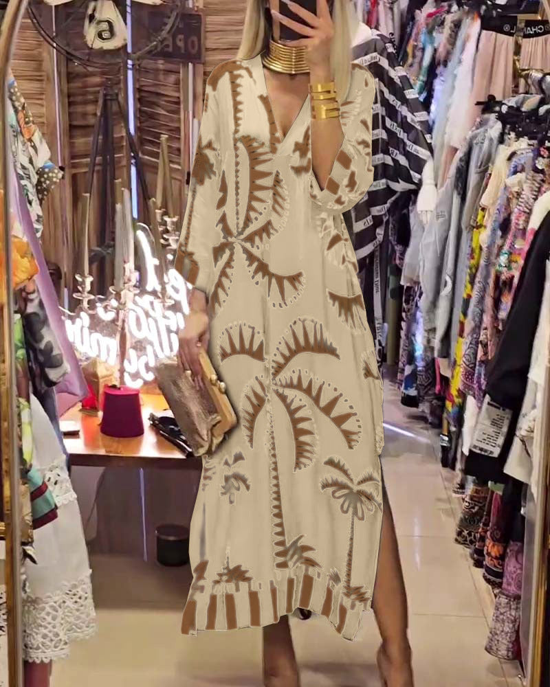 Damen Maxikleid mit weitem Schnitt und modischem Palmenmuster Stalluxe