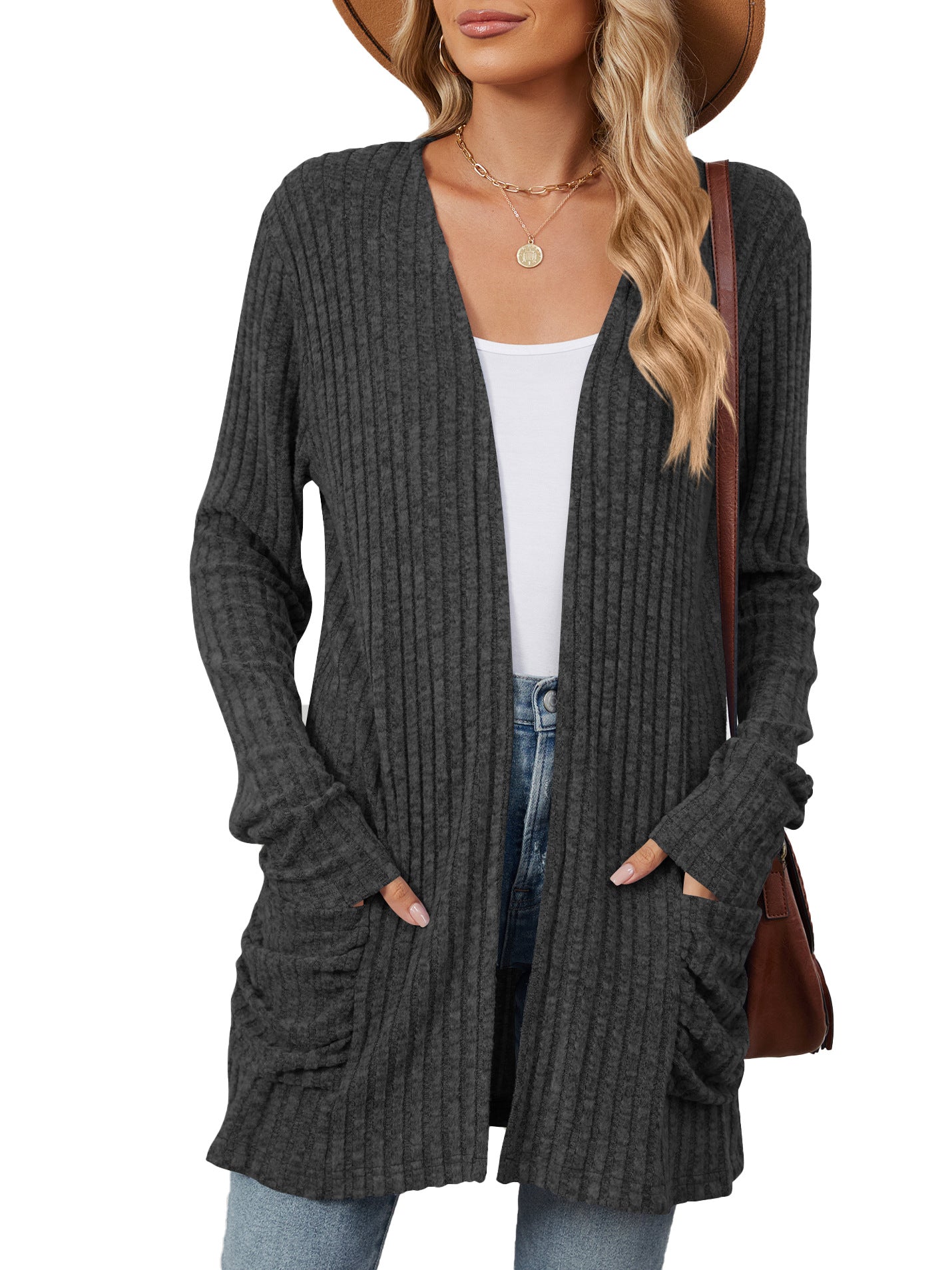 Damen lässige Strickjacke mit Rippstruktur und praktischen Taschen Stalluxe
