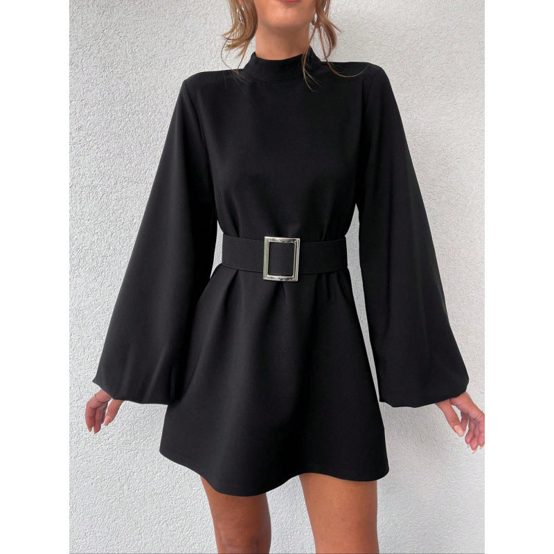 Damen elegante Minikleidung mit Gürtel und langen Ärmeln Stalluxe