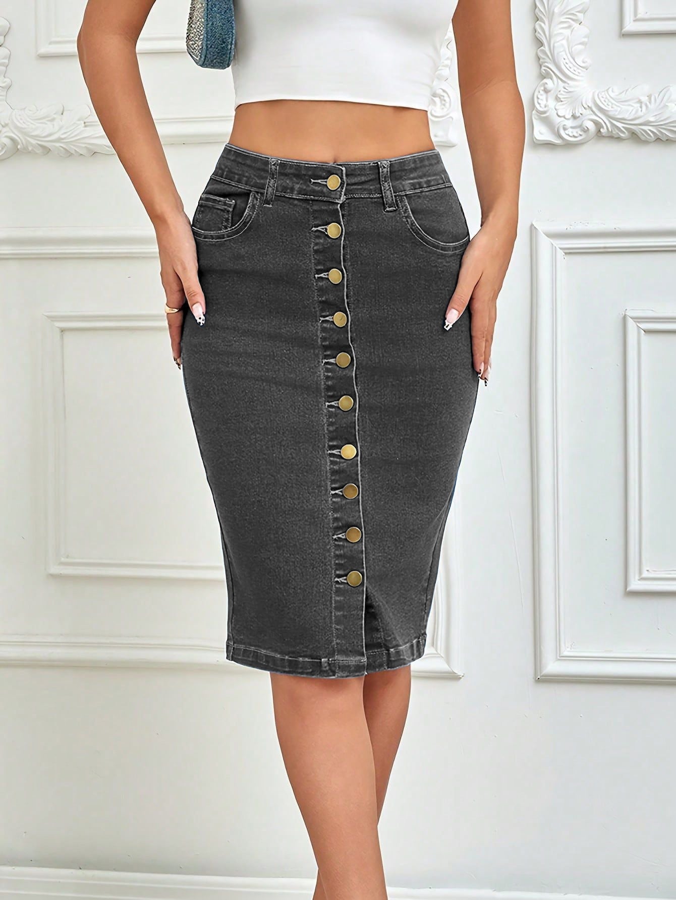 Damen Jeans-Midirock mit durchgehender Knopfleiste und figurschmeichelndem Schnitt Stalluxe