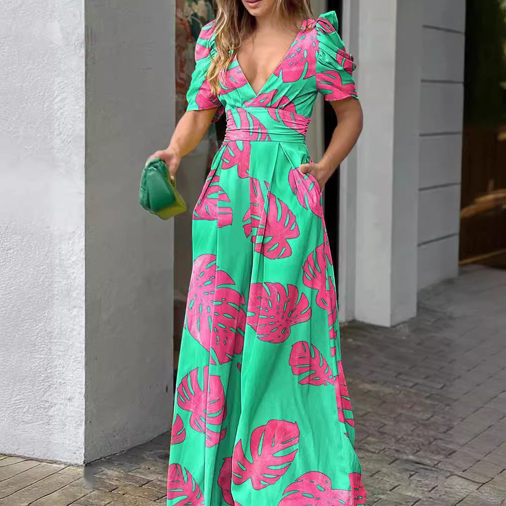 Damen Maxikleid mit floralem Design und Puffärmeln Stalluxe