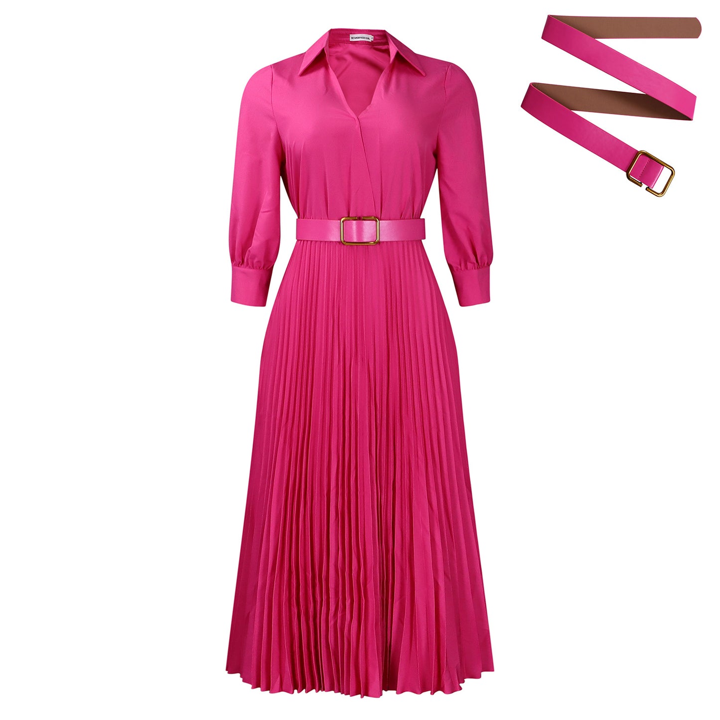 Damen Plissee Midikleid mit Taillengürtel und elegantem Kragen Stalluxe